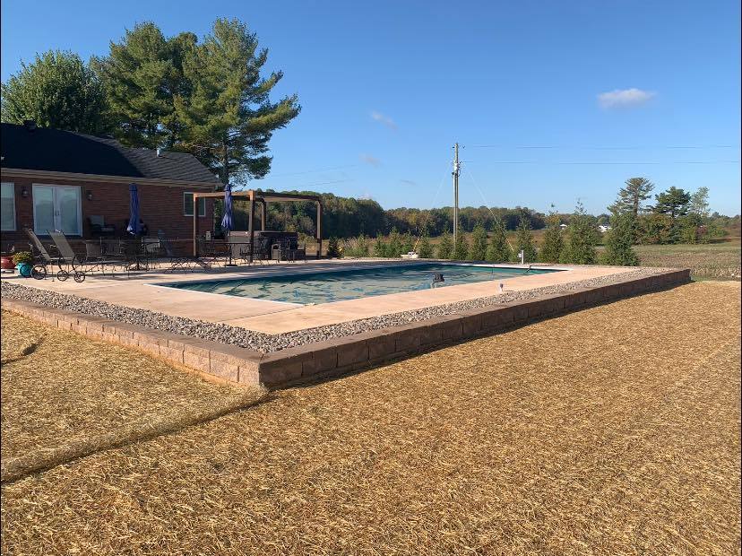 In-ground pool surrounded by fresh landscaping and stone walls